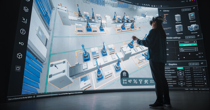 Female Industrial Designer Using Virtual Reality Technology to Optimize a Smart Factory Floor. Young Engineer Experiments with Virtual Layouts, Simulates Production Flows and Manufacturing Process