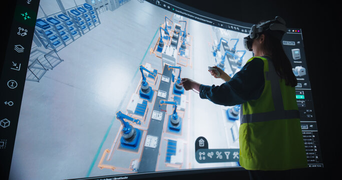 Portrait of a Female Industrial Designer Using Virtual Reality Technology to Optimize a Smart Factory Floor. Young Engineer Experiments with Virtual Layouts and Simulates Production Process