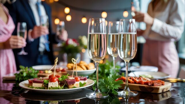 Flutes of champagne and gourmet appetizers are displayed, with blurred guests holding glasses in the background, signifying a joyous and elegant celebration.