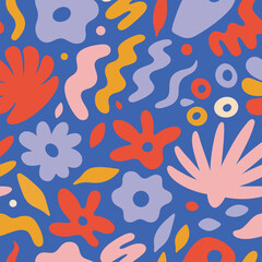 Modern Abstract Floral Pattern on a Deep Blue Background. cheerful and playful seamless pattern featuring stylized flowers, leaves, and organic shapes in bold, bright colors red, orange, yellow
