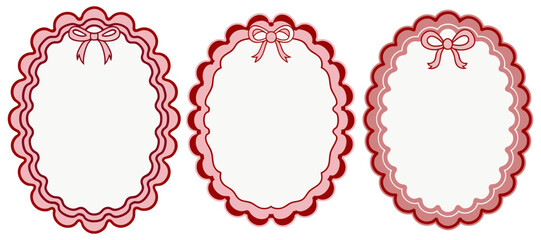 Three Decorative Oval Frames with Pink Ribbons. This image features three identical oval frames with a scalloped edge and a decorative pink ribbon bow.