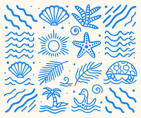 Cute Blue Hand-Drawn Ocean and Beach Icons. A collection of hand-drawn, simple, and cheerful illustrations of ocean and beach elements.