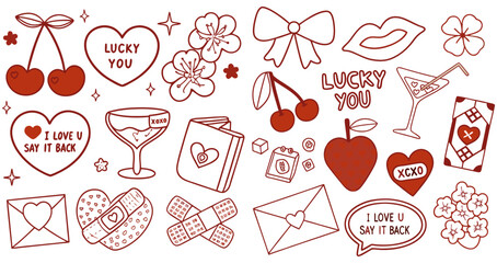Cute Valentine's Day Graphic Design Elements in Red. A collection of hand-drawn, red-outlined graphic design elements perfect for Valentine's Day, love, or similar themes.