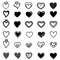 Collection of Cute and Decorative Black and White Hearts. A set of various heart shapes, in black and white, with different decorative elements.