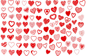 Collection of Red Hand-Drawn Heart Designs on White Background. A cheerful and romantic design featuring a variety of hand-drawn red hearts with different patterns and texture.