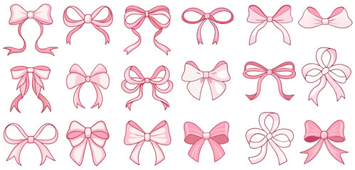 Collection of Various Pink Bows for Design Inspiration. This image showcases a collection of different pink bow designs, perfect for illustrations, patterns, or gift wrapping.