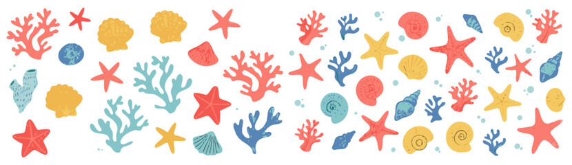 Cute Cartoon Sea Life Pattern with Shells, Starfish, and Coral. This vibrant pattern features various colorful cartoon representations of sea life, including starfish, shells, coral, and seaweed.