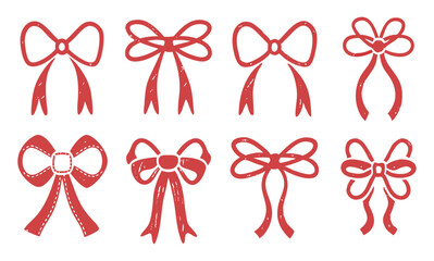 Set of hand-drawn red bows for design elements. Nine different styles of red bows, in a simple, hand-drawn style, perfect for adding a touch of festive cheer to any project.
