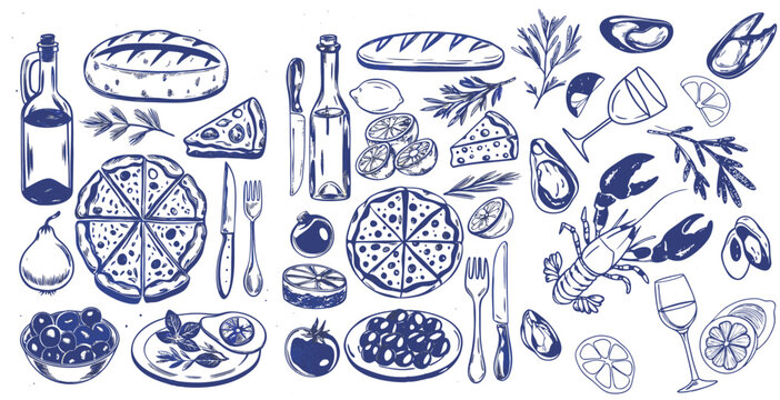 Vintage Illustration of Mediterranean Cuisine and Seafood. This image features a collection of hand-drawn, vintage-style illustrations depicting various Mediterranean food items.