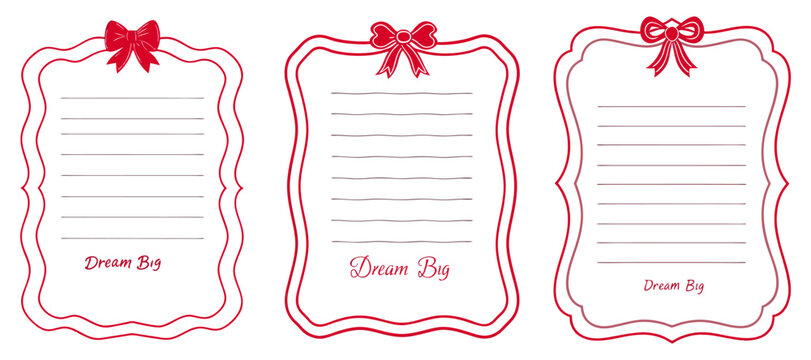 Three Elegant Decorative Lined Note Paper Templates with Red Bows. This image showcases three blank lined note paper templates, each framed with a decorative, ornate border and a charming red bow.