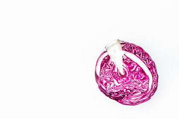 Red cabbage - head, cross section - on white background top view copy space
