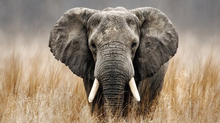 An African elephant stands majestically amidst the dry grasslands of its natural habitat in the wild outdoors.