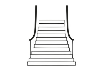 Simple black and white illustration of a staircase with curved handrails on a white background