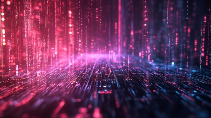 Dazzling digital rain falls over a technological landscape, showcasing futuristic data streams and abstract networking concepts in red and blue.
