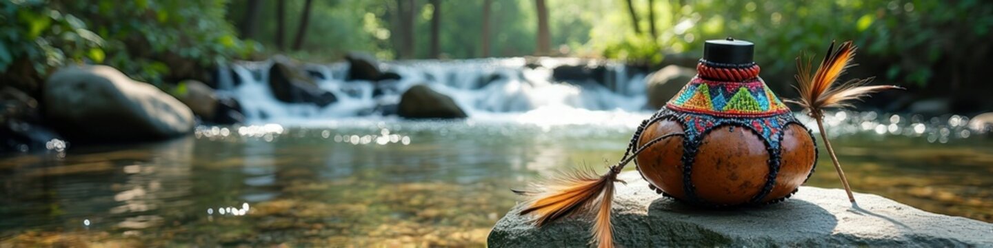 Decorative gourd with feathers by peaceful forest creek waterfall