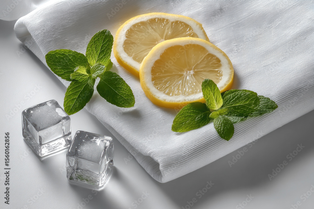 Poster fresh lemon slice, mint leaf, and ice cube on white fabric create refreshing, clean, and vibrant com