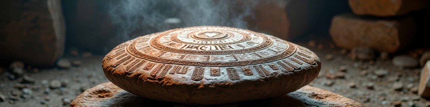 Ancient stone disc with intricate patterns in a mystical cave setting
