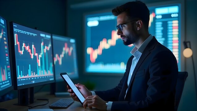 Man wearing a formal suit sitting at a desk using a digital tablet with a focused expression, working in a corporate or business environment