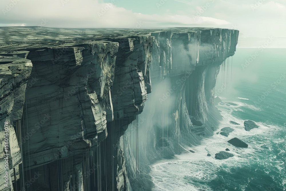 Poster cgi landscape showing fog rolling over dramatic cliffs and ocean waves crashing on rocks