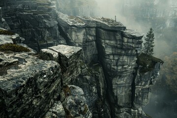 Dramatic landscape of rocky mountain cliff partially covered by fog with a lonely fir tree growing on the edge