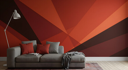 A modern living room featuring a sofa, lamp, and geometric wall design.