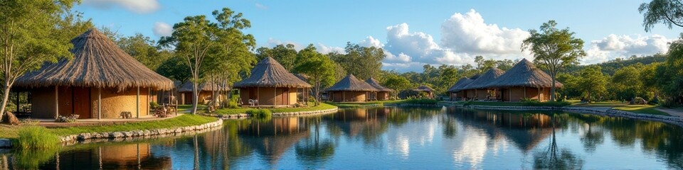 Fototapeta premium Tropical waterfront huts amidst lush greenery and reflective lake