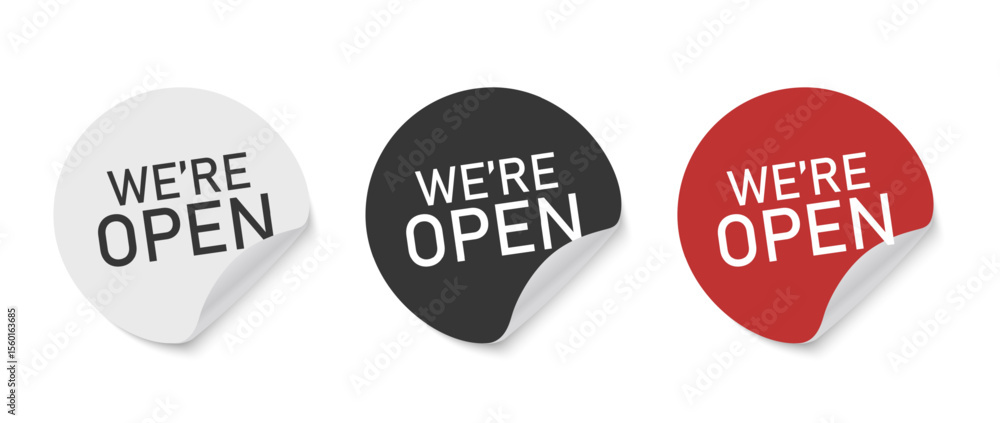 Fototapete vector illustration of red round open sticker with curled corner and bold text isolated on white bac