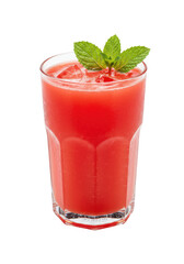 Refreshing red juice in a tall glass with ice cubes, garnished with fresh mint leaves on top