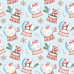 Christmas seamless pattern hand drawn by watercolour. Christmas snow globes design. Christmas tree, snowman, polar bear, penguin, reindeer