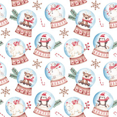 Christmas seamless pattern hand drawn by watercolour. Christmas snow globes design. Christmas tree, snowman, polar bear, penguin, reindeer