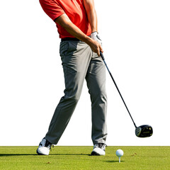 A young Caucasian man swings a golf club, preparing to hit a golf ball on a green surface. The background is transparent, emphasizing the action.