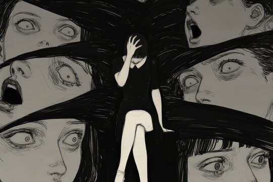 A woman surrounded by screaming faces; a visceral horror manga illustration of anxiety, intrusive thoughts, and mental anguish.