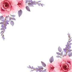 Fototapeta premium Elegant Watercolor Floral Corner Arrangement Featuring Pink Roses and Lavender Blossoms on a Transparent Backdrop Ideal for Decorative Design Elements
