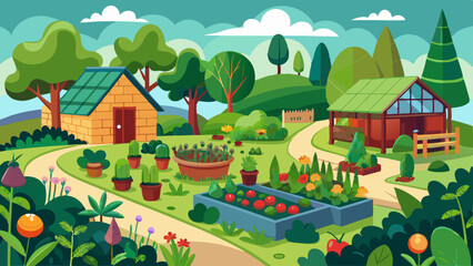 Cartoon illustration of a permaculture garden with raised beds, greenhouse, plants, vegetables, and a small house in a lush green landscape