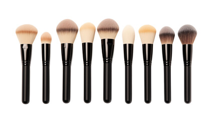 Professional makeup brushes set with soft bristles against a solid black background offers beauty concepts.transparent PNG, isolated background 