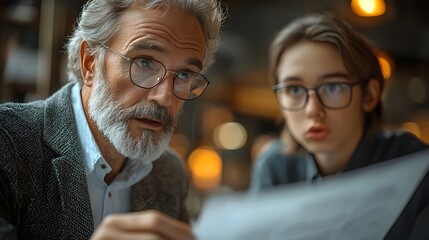 Two business employees discussing a report in an office setting