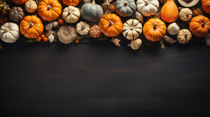 Autumn leaves and pumpkins on concrete background with copy space. Flat lay. Top view.