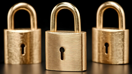 Fototapeta premium Three Gold Padlocks on Dark Background: Security Concept
