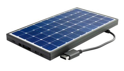 Portable solar power bank with USB-C charging cable isolated on solid white background