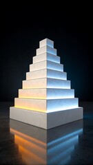 Modern abstract stepped pyramid structure illuminated with warm orange and cool blue light on a reflective dark surface