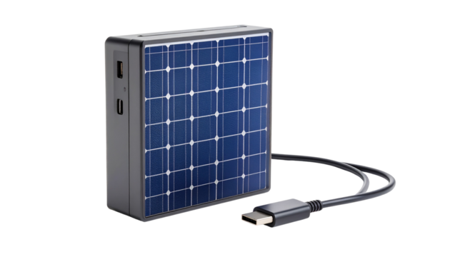 Portable solar power bank with USB-C charging cable isolated on solid white background Png - Powered by Adobe