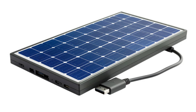 Portable solar power bank with USB-C charging cable isolated on solid white background