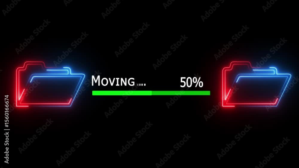 Poster abstract neon file transfer moving icon glowing animation on black background. neon light glow effec