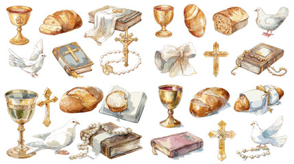 Watercolor Christian elements for communion and worship including bread, chalice, cross, Bible, rosary, dove, and candle, isolated on white background.

