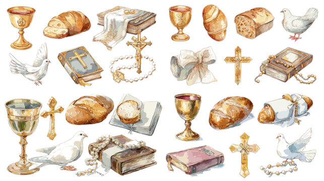 Watercolor Christian elements for communion and worship including bread, chalice, cross, Bible, rosary, dove, and candle, isolated on white background.

 - Powered by Adobe