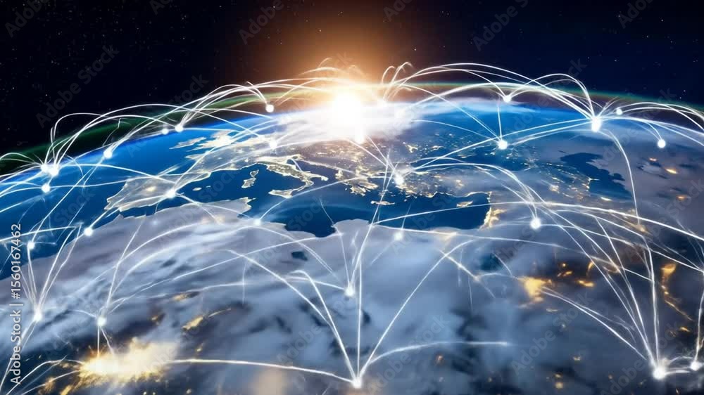Poster global connectivity concept, earth with connection lines represent global networking