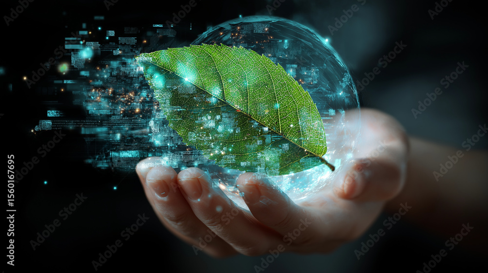 Poster hand gently holds digital representation of green leaf within glowing sphere, symbolizing fusion of 