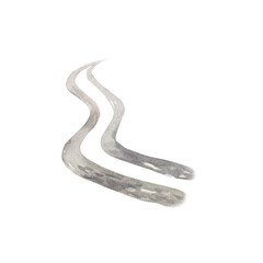 Traces of car wheels. Winding road going into the horizon. Hand drawn watercolor illustration isolated on white. For birthday cards, invitations, wallpapers and posters for childrens room.