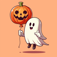Ghost cartoon character. Ghost with pumpkin balloon. Funny spirit. Friendly ghost. Spooky phantom flying. Happy Halloween greeting card with ghost. Cartoon ghosted spirit. Pumpkin ghost. Illustration
