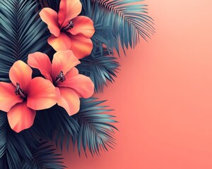 Obraz premium Vibrant hibiscus flowers and palm leaves on coral background